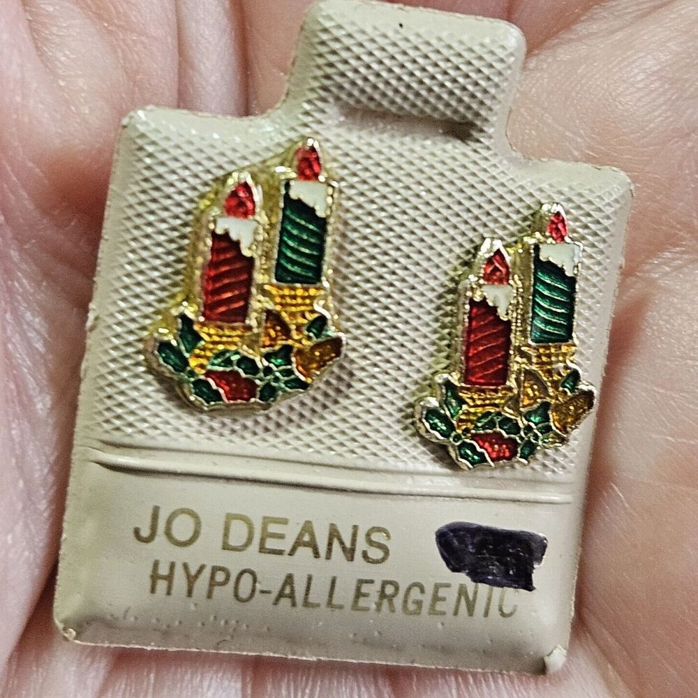 Vintage Jo Deans Christmas Candle Enamel Stud Earrings